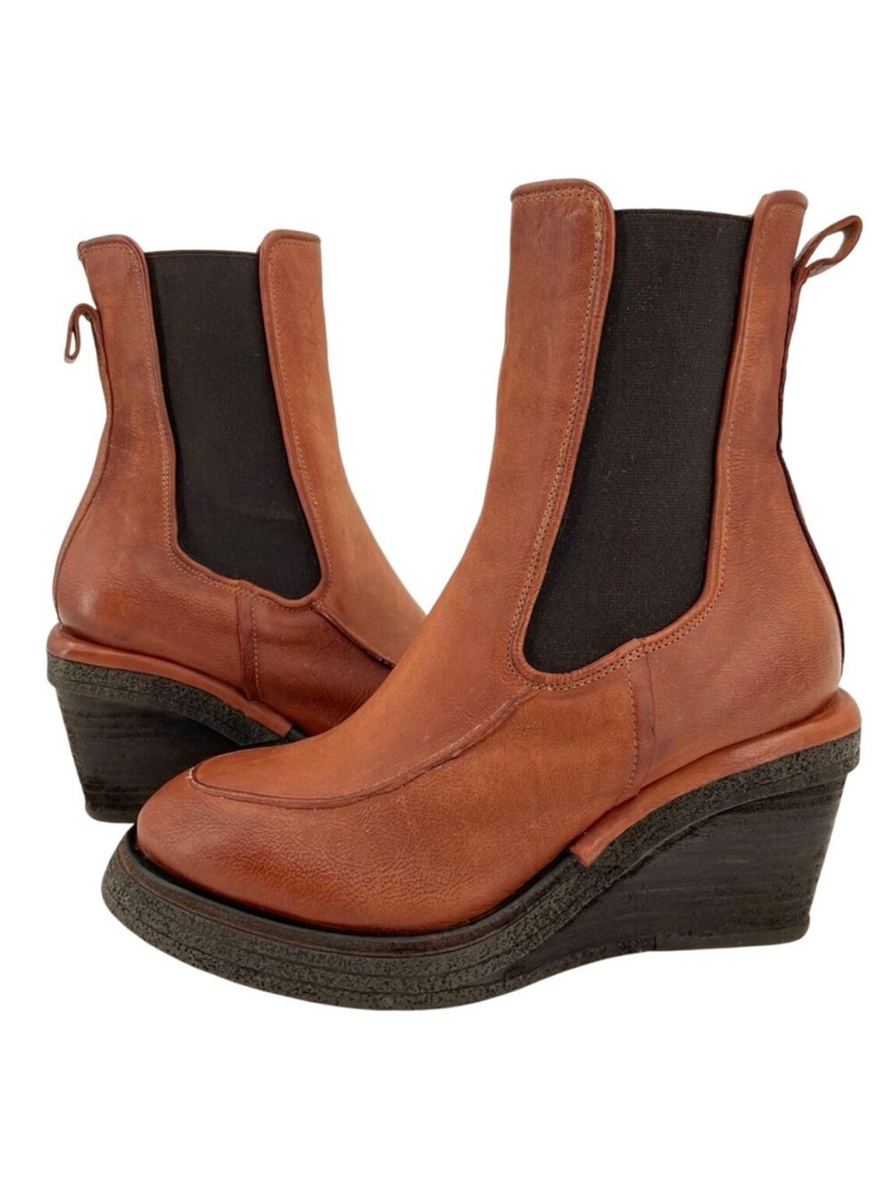 A.S.98 Tempy Cognac Leather Chelsea High Heel Wedges Brown Ankle Boots Size 41
